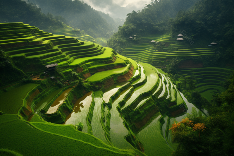 狭长的种满农作物的绿色的梯田自然风景,高清,摄影图,摄影图片,图片大全,摄影图免费下载